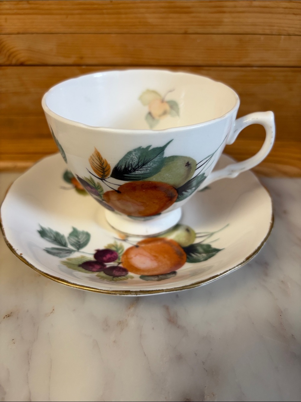 Royal Vale Vintage Fruit Pattern Teacup and Saucer - Orange & Green